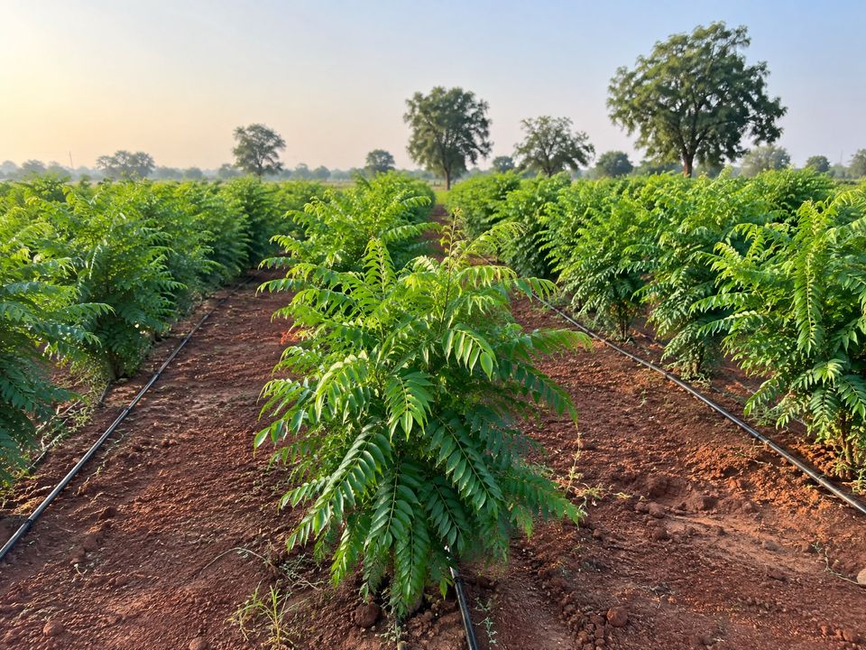 Rows of curry-leaf shrubs on a small farm in Gujarat