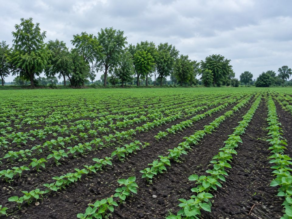 Young green crop rows on black soil in Saurashtra, with neem trees along the far edge
