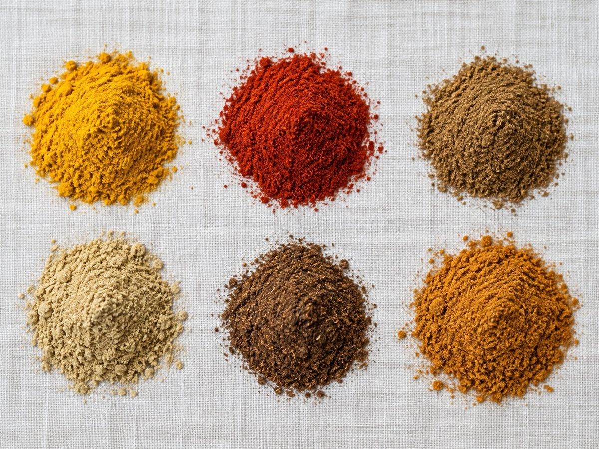 Small heaps of ground spices on a pale linen surface
