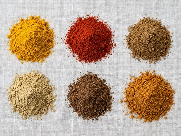 Small heaps of ground spices on a pale linen surface