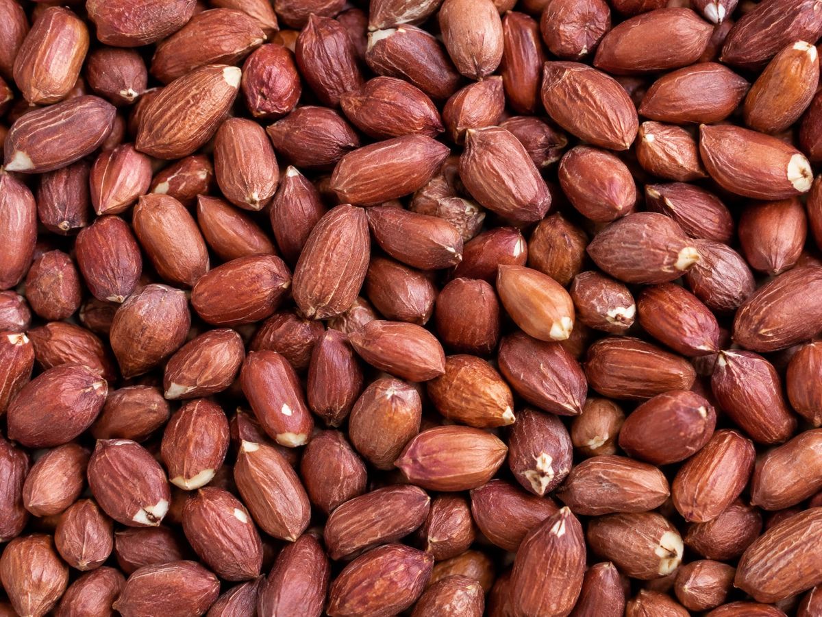Red-skinned groundnut kernels filling the frame