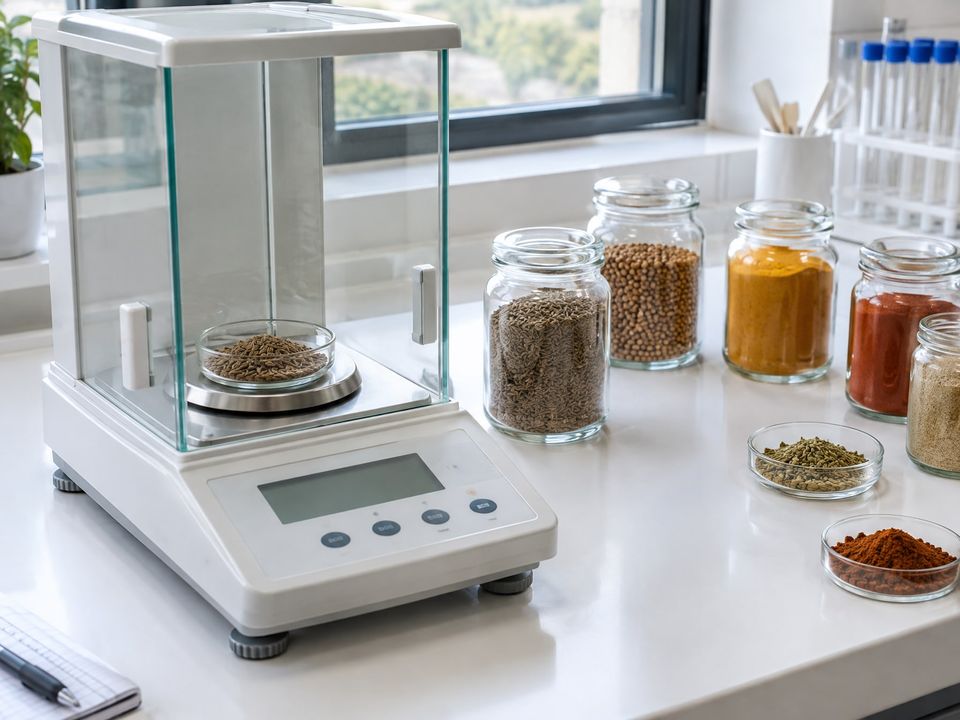 Food-testing laboratory bench with an analytical balance and sample jars of seeds and spices