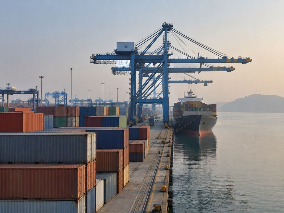 Container terminal with stacked shipping containers and gantry cranes at a west-Indian port