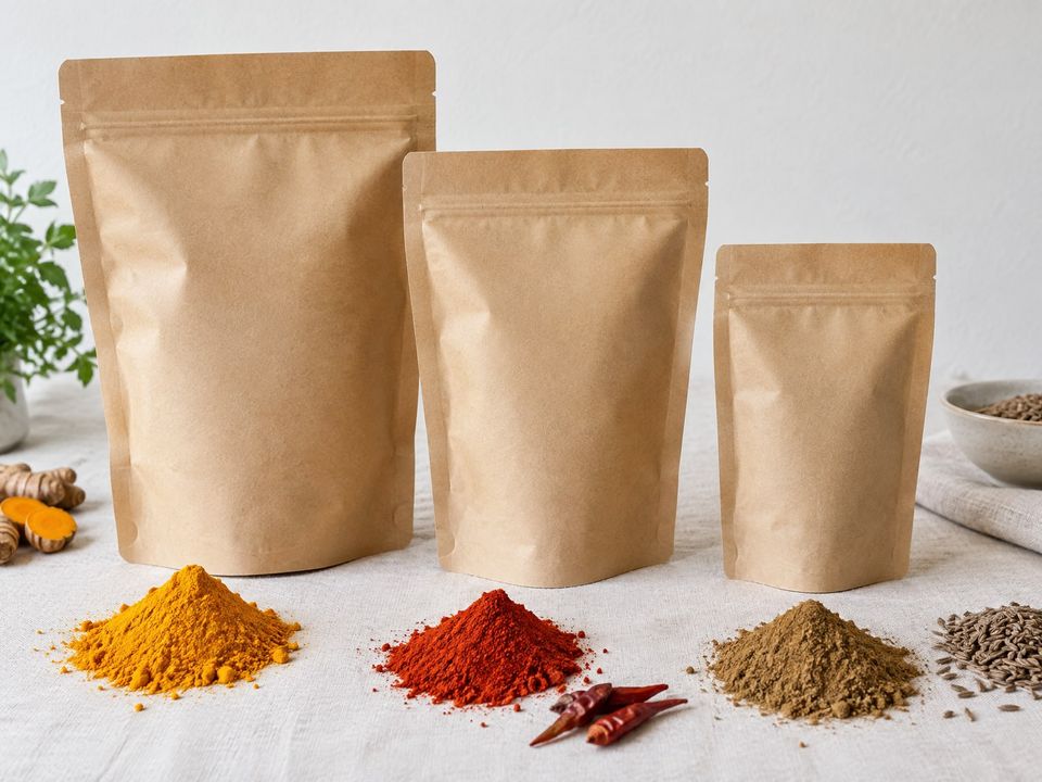 Plain kraft stand-up pouches in three sizes beside small heaps of ground spices