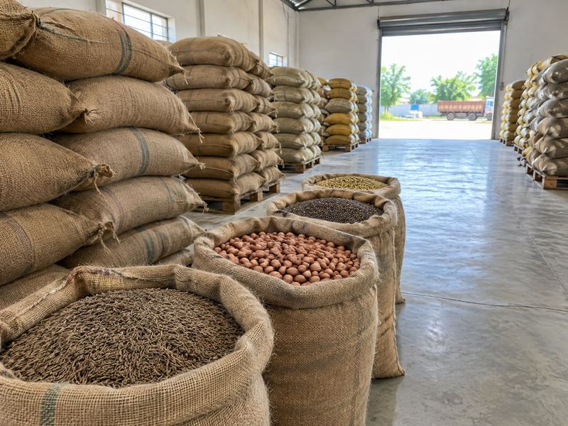 Stacked jute sacks of seed spices and oilseeds in a wholesale warehouse